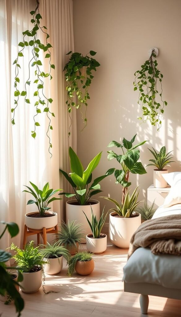 Lush, verdant potted plants arranged artfully in a modern girl's bedroom, their vibrant foliage casting soft shadows across the clean-lined furniture and pale wood floors. A mix of trailing vines, leafy ferns, and sculptural succulents add a refreshing touch of nature, complementing the pastel color palette and minimalist decor. Warm, diffused lighting filters through sheer curtains, creating a serene, inviting atmosphere. The plants are carefully positioned to draw the eye, their organic shapes and textures providing a soothing contrast to the crisp, geometric design elements. An intimate, feminine sanctuary where the outdoors meets the indoors.