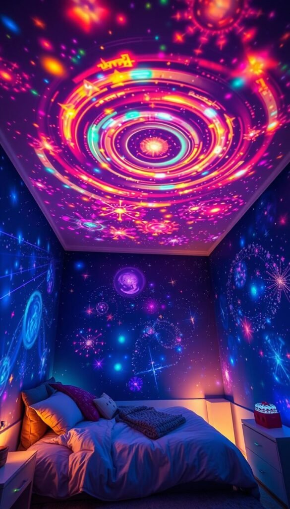Magical kids bedroom with vibrant, whimsical lighting projectors casting captivating celestial patterns across the walls and ceiling. Glowing, color-changing LED fixtures illuminate cozy nooks, while mesmerizing galaxy and star-field projectors transform the space into an enchanted dreamscape. Soft, diffused lighting creates a soothing, tranquil ambiance, perfect for imaginative play or peaceful slumber. Detailed, high-quality textures and materials enhance the sense of wonder, blending seamless realism with fantastical elements. Angles and perspectives showcase the awe-inspiring, immersive experience of this enchanted, awe-inspiring kids' bedroom.