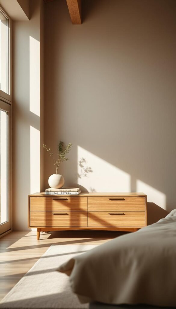Minimalist dresser decor with neutral tones. A clean, natural composition captures the essence of a refined, serene space. In the foreground, a simple wooden dresser with clean lines stands prominently, its surface adorned with a few carefully curated items - a potted plant, a delicate ceramic vase, and a stack of neatly arranged books. The middle ground features a neutral-toned area rug, anchoring the scene and creating a sense of balance. Indirect lighting filters through large windows, casting a warm, diffused glow throughout the room. The background is composed of muted, earthy tones, with hints of natural textures such as exposed wood beams or a textured wall finish, reinforcing the calming, understated ambiance.