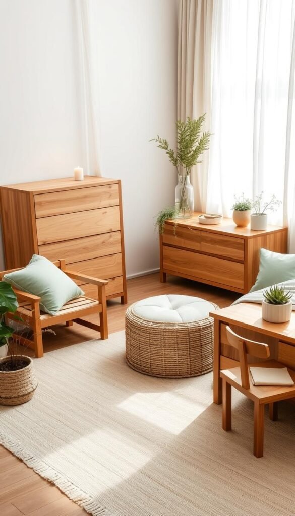Natural wood furniture in a soft, airy bedroom setting. Artfully arranged end tables, dresser, and nightstands crafted from warm, honey-toned oak or maple. Accents of sage green in plush throw pillows, a woven area rug, and delicate potted plants. Diffused natural light filters in through gauzy curtains, casting a gentle glow. The overall ambiance is one of tranquility and organic elegance, perfectly complementing the sage green color palette.