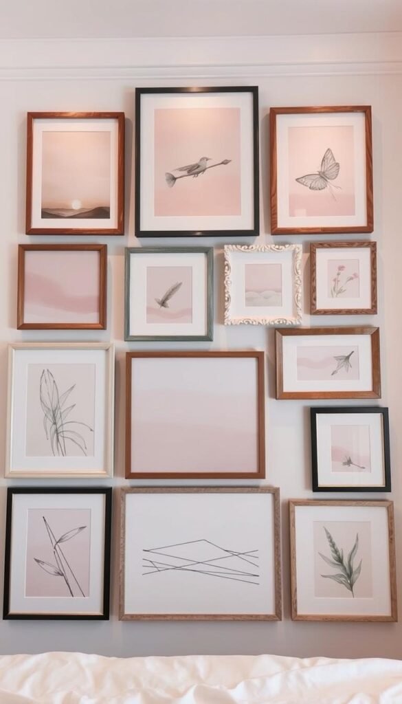Pastel gallery wall art arrangement, featuring a harmonious collection of framed paintings, drawings, and prints in soft, muted hues of pink, lavender, and sage. The artwork is thoughtfully curated, creating a visually striking yet calming display. The frames are a mix of sleek, modern styles and rustic, distressed finishes, adding depth and character to the arrangement. Soft, diffused lighting casts a warm glow, enhancing the delicate, dreamlike quality of the pastel tones. The gallery wall is positioned in the center of the frame, captured at a slightly elevated angle to showcase the carefully balanced composition. The overall scene exudes a serene, intimate atmosphere, perfectly suited to accentuate the dreamy, feminine vibe of a pastel-themed girls' bedroom.