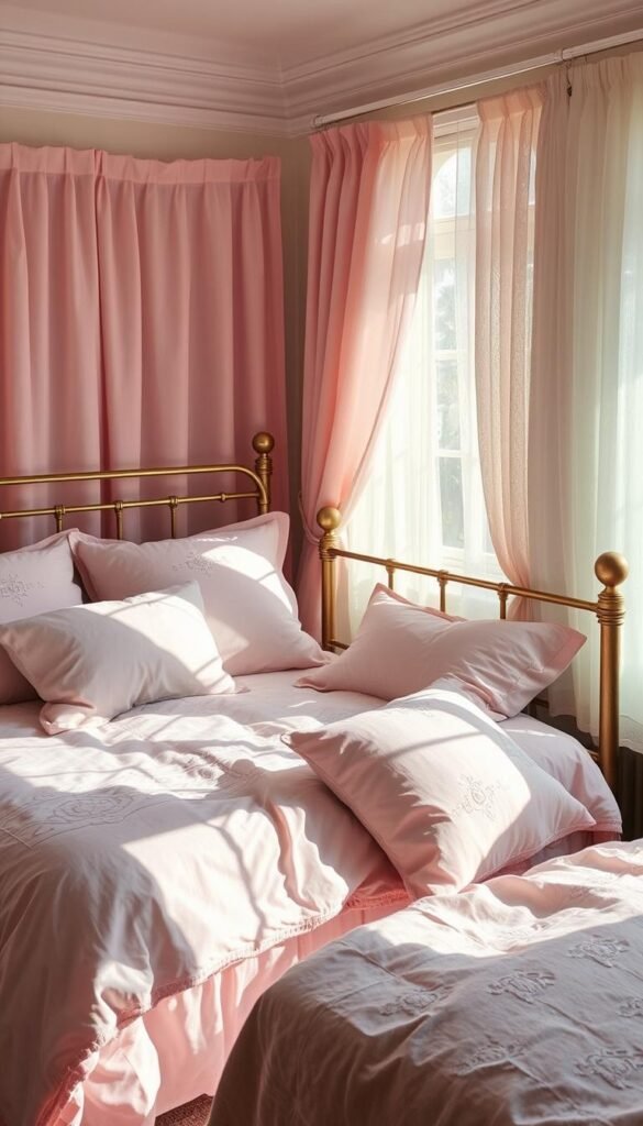 Pastel textiles and bedding in a cozy, sunlit bedroom. Soft, dreamy linens in shades of pink, lavender, and mint create a tranquil, romantic ambiance. Plush duvet covers, delicate embroidered pillows, and airy sheer curtains gently billow in the natural light. The room has a warm, hazy glow, as if captured through a vintage lens. Textures range from silky-smooth to lightly nubby, inviting touch. An ornate brass bed frame and minimal wood accents ground the palette. The overall scene exudes a sense of serenity and effortless, lived-in comfort.