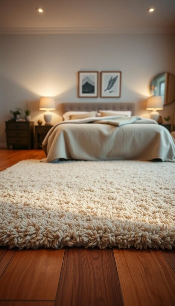 Plush area rug with a soft, shag-like texture in a warm, neutral color palette. The rug is laid out in a cozy, well-lit bedroom setting, casting a inviting glow on the hardwood floors. Soft, diffused lighting illuminates the scene, creating a serene and tranquil atmosphere. The rug is the central focal point, anchoring the space and complementing the other furnishings like a plush bed, nightstands, and framed wall art. The overall mood is one of comfort, relaxation, and a sense of hygge.