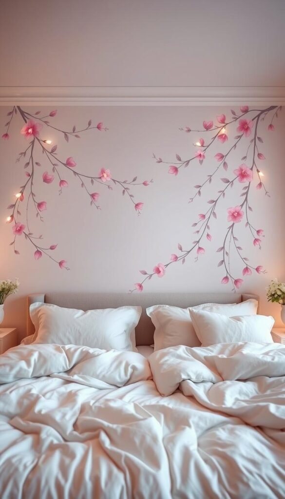 Prompt A cozy girls bedroom with a dreamy accent wall, bathed in soft, warm lighting. The wall features an intricate, hand-painted floral design in a pastel color palette, with delicate brushstrokes and a subtle sheen. Cascading vines and blooming flowers create a whimsical, romantic atmosphere, drawing the eye towards the center of the frame. The wall is the focal point, seamlessly complementing the plush bedding, fluffy pillows, and delicate accessories in the room. A wide-angle lens captures the entire scene, showcasing the harmonious balance between the accent wall and the overall bedroom design.