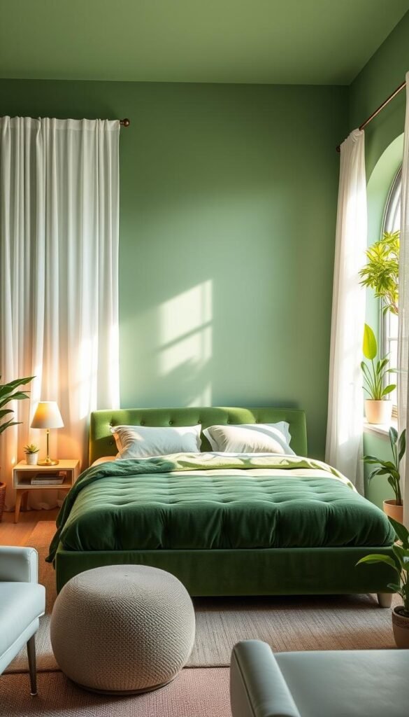Prompt A serene, inviting green bedroom sanctuary, drenched in soft, warm natural light filtering through sheer white curtains. A plush, plush green velvet upholstered bed takes center stage, flanked by minimalist wooden nightstands holding glowing table lamps. Lush, verdant potted plants in the corners and on the windowsill add pops of vibrant greenery. A neutral-toned area rug grounds the space, complemented by clean-lined white furniture. An overall atmosphere of tranquility, rest, and rejuvenation pervades the scene.
