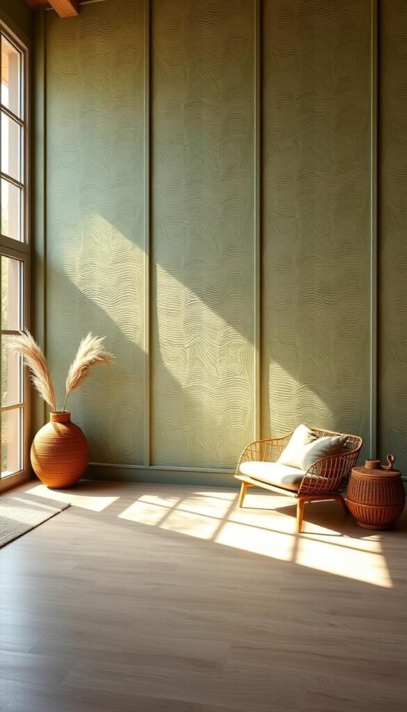 Sage green paneled walls with a textured, terracotta-inspired design. The panels have a subtle, undulating pattern that catches the light, creating a warm, inviting atmosphere. The walls are bathed in soft, natural lighting, filtering in through large windows. The texture adds depth and visual interest, complementing the earthy, muted color palette. A sense of tranquility and rustic elegance pervades the space, setting the perfect backdrop for cozy textiles and natural decor accents in shades of terracotta and ochre.