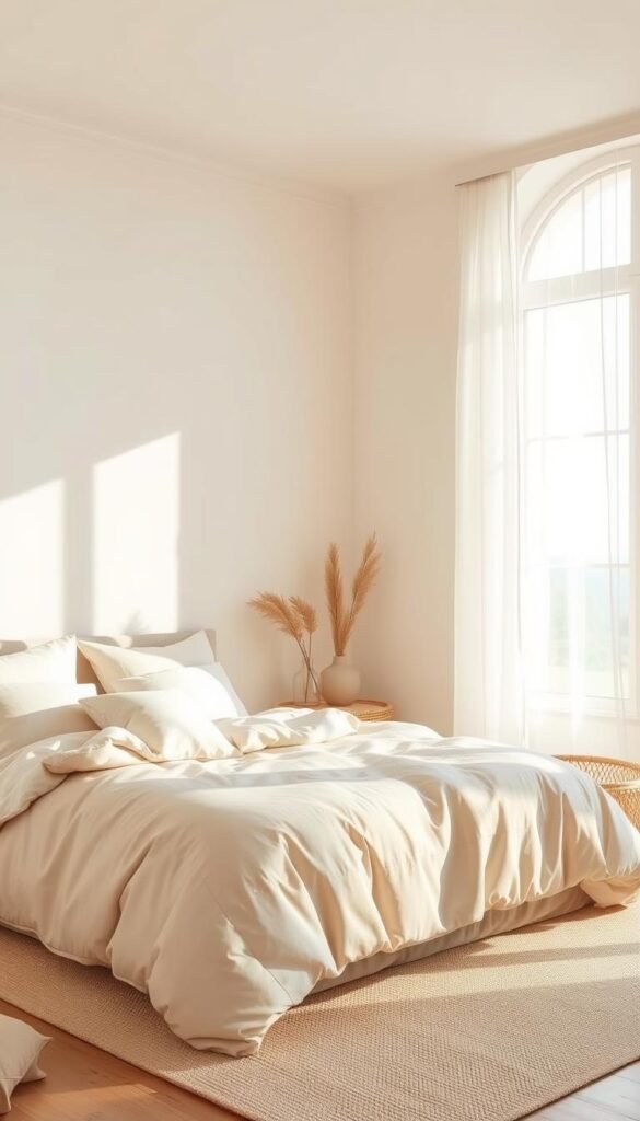 Serene and tranquil bedroom scene, bathed in warm, soft lighting. A neutral color palette of soothing beige, ivory, and soft gray tones across the walls, bedding, and furnishings. Plush, textured fabrics and natural materials like wood and rattan add depth and coziness. Large, airy windows allow natural light to pour in, creating a calming, restorative atmosphere. A minimalist, uncluttered layout with a focus on clean lines and simple, elegant decor. Subtle, nature-inspired accents like potted plants or a decorative vase add a touch of organic beauty. An inviting, peaceful space that evokes a sense of rest and relaxation.