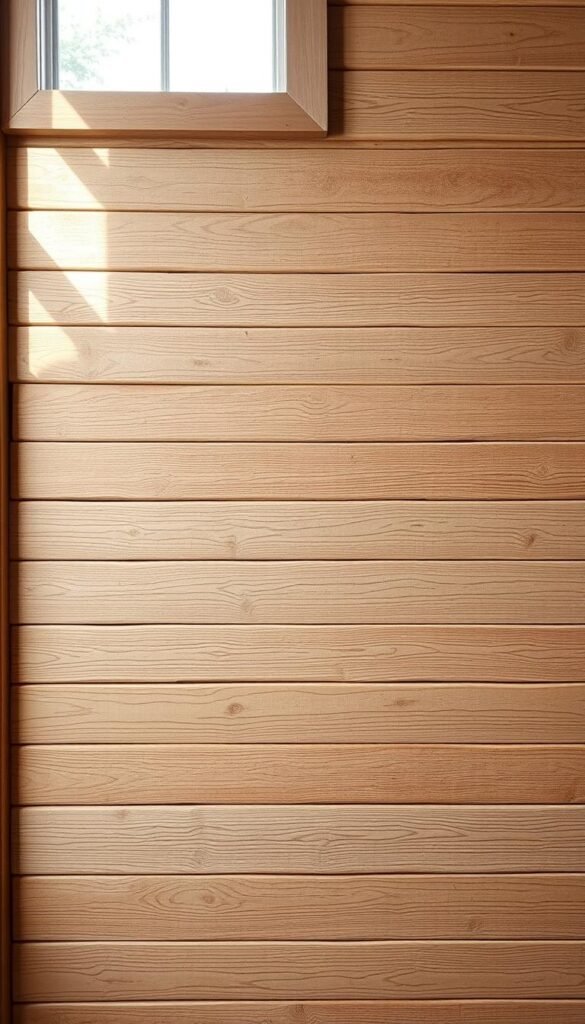 Shiplap wood walls in a rustic, warm farmhouse setting. Textured planks in a light, weathered finish, arranged in a horizontal pattern. Soft, natural lighting filters in from windows, casting gentle shadows and highlights across the uneven surface. The wood grain is visible, adding depth and character. The overall atmosphere is cozy, inviting, and imbued with a sense of timeless charm, perfectly complementing the farmhouse aesthetic.