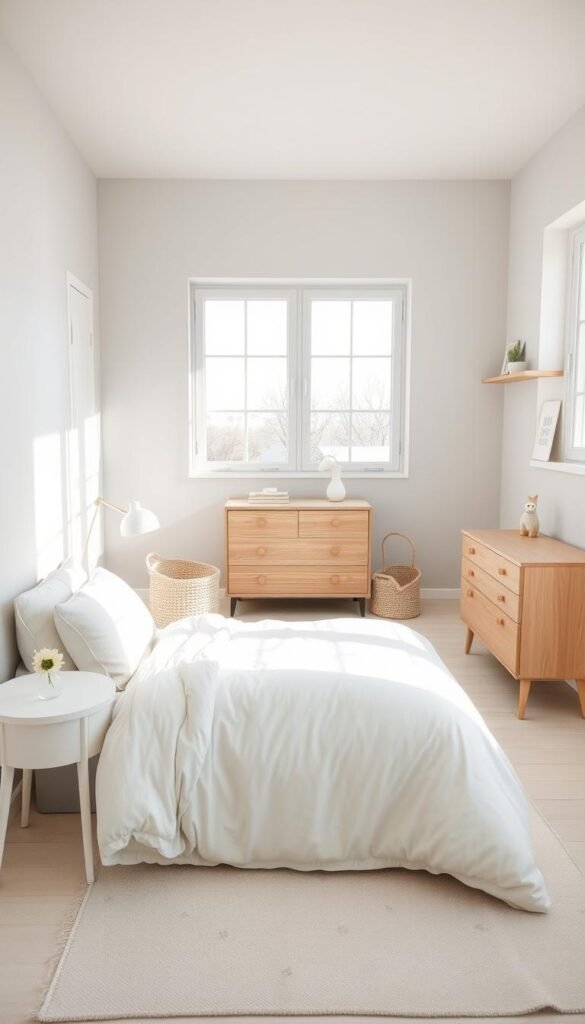 Soft, airy Scandinavian-inspired children's bedroom, bathed in gentle natural light. A neutral palette of whites, grays, and pale wood tones, creating a serene, calming atmosphere. In the foreground, a minimalist twin bed with a plush ivory duvet and pillows. Beside it, a small side table with a simple table lamp, casting a warm glow. In the middle ground, a delicate floral-patterned rug and a wooden dresser, its drawers slightly ajar. The background features pale gray walls, accented with a floating shelf displaying a few carefully curated decor pieces. Large windows allow an abundance of natural light to filter in, illuminating the tranquil scene.