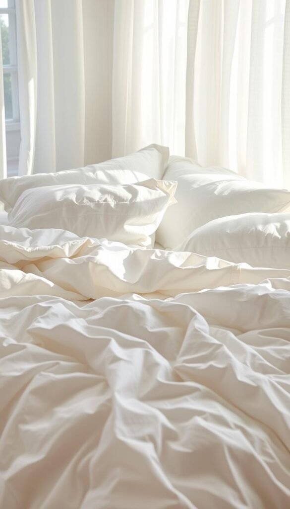 Soft, billowing coastal bedding in shades of white, ivory, and pale blue. Delicate linen and cotton fabrics with a lightweight, breathable texture. Crisp, rumpled duvet covers and plush pillows arranged with an effortless, relaxed elegance. Gentle sunlight streams through sheer curtains, casting a warm, natural glow across the bed. The scene evokes a serene, tranquil atmosphere, perfect for a peaceful, restorative rest. Pristine, airy, and infused with a breezy seaside ambiance.