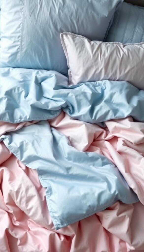 Soft, luxurious layers of blue and pink bedding rest in a cozy, inviting scene. Plush, satin-like comforters and duvets in a gradient of cool blues and warm pinks cascade across the frame, creating a serene and harmonious color palette. Delicate, textured throw pillows and quilted shams add depth and dimension, while the gentle, indirect lighting casts a dreamy, ethereal glow across the scene. The overall composition evokes a sense of tranquility and comfort, perfectly capturing the essence of a relaxing, blue and pink bedroom sanctuary.