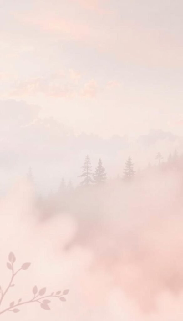 Soft pastel-colored wall art featuring a serene, dreamlike landscape. In the foreground, a delicate floral pattern or abstract design with muted tones and a hazy, ethereal quality. The middle ground depicts a tranquil, misty forest scene with tall, wispy trees and a glowing, diffused light. The background showcases a breathtaking, cloud-filled sky in shades of pale blue, pink, and lavender, creating a calming, introspective atmosphere. The overall composition conveys a sense of peace, harmony, and quiet contemplation, perfectly suited as a focal point for a minimalist, serene girls' bedroom design.