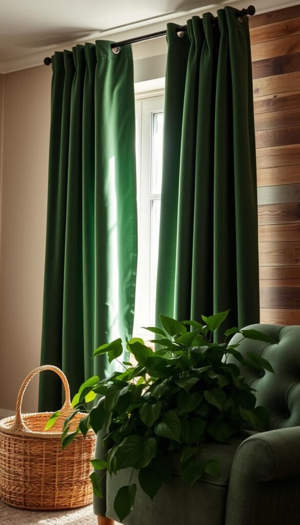 Soft, plush textured velvet curtains in a rich forest green sway gently in the warm, diffused light filtering through a large window. In the foreground, a woven rattan basket overflows with lush greenery, casting dappled shadows across a cozy, tufted armchair. The background reveals a weathered wood accent wall, its grain and knots creating an inviting, earthy feel. The overall atmosphere is one of depth, comfort, and an enveloping sense of serenity.