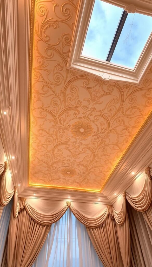 Stunning ceiling design ideas, featuring intricate patterns and soft lighting. A serene, feminine atmosphere with delicate floral motifs and a touch of whimsy. Elegant crown molding frames the space, casting a warm glow from recessed lighting. Plush textiles and sheer curtains create a cozy, cloud-like ambiance. High-angle perspective showcases the alluring, eye-catching focal point of the room - the exquisite, artfully crafted ceiling. Soft, diffused light filters through skylights, adding depth and dimension. The overall impression is one of tranquility, sophistication, and a touch of dreamlike wonder.
