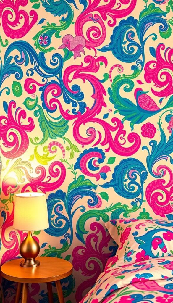 Vibrant and bold wallpaper patterns, with a playful, dreamlike quality. Intricate, swirling designs in a palette of rich, saturated colors - deep blues, vibrant pinks, lush greens. The patterns flow and dance across the walls, creating a sense of movement and energy. Soft, diffused lighting casts a warm, inviting glow, accentuating the depth and texture of the wallpaper. The composition emphasizes the wallpaper as the focal point, filling the frame with the captivating patterns, while leaving enough negative space to suggest a cozy, intimate bedroom setting. An enchanting, imaginative scene that inspires wonder and creativity.