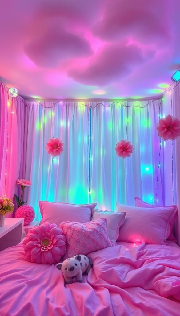 Vibrant, dreamlike bedroom with pastel hues and whimsical elements. Soft, diffused lighting creates a serene, magical atmosphere. Plush, colorful bedding and pillows in shades of pink, lavender, and mint. Shimmering curtains in iridescent fabrics that gently sway. Floating, translucent clouds drift across the ceiling, casting gentle shadows. Playful, oversized floral décor and plush animal figurines scattered throughout. Glowing, multicolored fairy lights strung along the walls and ceiling, adding a touch of enchantment. Mirrored surfaces reflect the vivid palette, amplifying the sense of boundless imagination. A cozy, inviting space that inspires wonder and daydreaming.