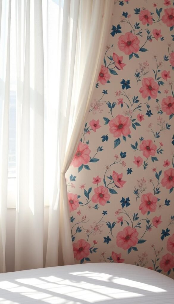 Vibrant preppy wallpaper pattern with bold stripes, delicate floral motifs, and playful geometric shapes. The design features a harmonious color palette of pastel pinks, soft blues, and crisp whites, creating a serene and inviting atmosphere. Sunlight filters through sheer curtains, casting a warm, diffused glow and casting soft shadows that add depth and dimension to the pattern. The overall effect is a sophisticated yet whimsical backdrop that would perfectly complement a preppy-inspired bedroom decor.