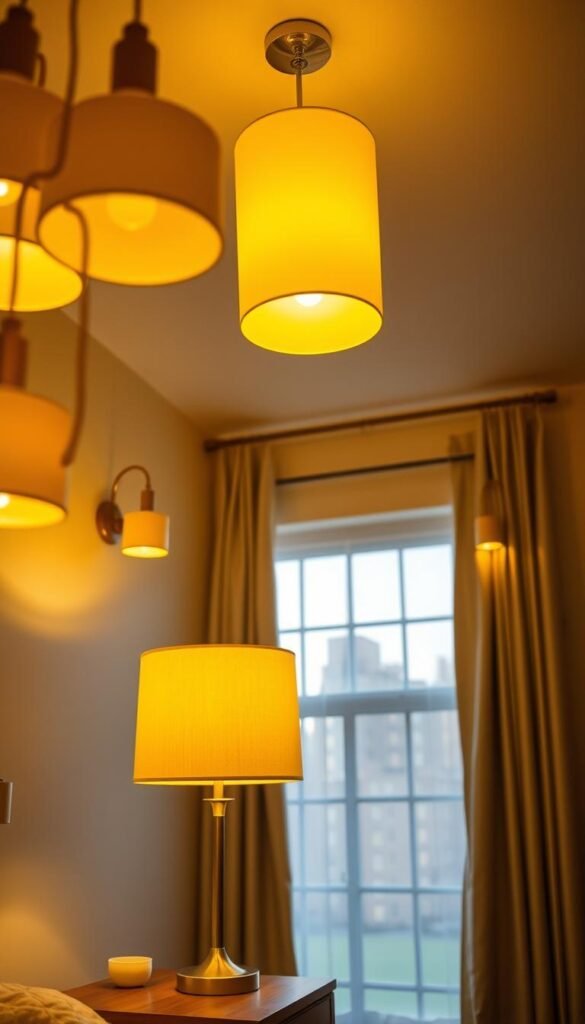 Vibrant yellow lighting fixtures adorn a cheerful and cozy bedroom setting. Warm, diffused lighting emanates from a cluster of pendant lamps and wall sconces, casting a golden glow throughout the space. In the foreground, a stylish table lamp with a drum shade rests on a wooden nightstand, casting a soft, ambient light. The middle ground features a sleek, minimalist ceiling light fixture, its cylindrical shape and yellow hue complementing the overall decor. In the background, a pair of wall-mounted lamps flank a large window, their radiance adding to the sunlit atmosphere. The combination of these various lighting elements creates a harmonious and inviting ambiance, perfect for a cheerful girls' bedroom.