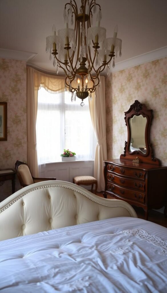 Vintage bedroom, cozy and charming. Soft pastel hues, floral wallpaper, and antique furniture. A plush, tufted headboard in the foreground, with lace-trimmed bedding and a vintage chandelier overhead. In the middle ground, a wooden dresser with delicate carvings and a vanity mirror. The background features a bay window with lace curtains, allowing natural light to filter in, creating a warm, inviting atmosphere. The overall mood is one of timeless elegance and nostalgia, capturing the essence of a classic, well-curated vintage bedroom.