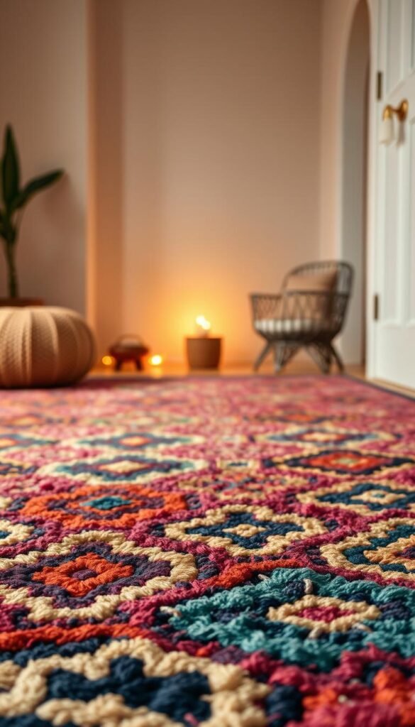 Vintage modern Moroccan rug styles, with intricate geometric patterns and rich, earthy tones. A plush, hand-woven rug in the foreground, its bold, jewel-toned colors and organic, flowing motifs creating a cozy, inviting atmosphere. In the middle ground, warm lighting casts a soft, golden glow, highlighting the rug's fine texture and subtle sheen. The background features a neutral, minimalist setting, allowing the vibrant rug to take center stage. Capture the timeless elegance and global charm of this Moroccan-inspired design, perfect for a girls' bedroom that exudes a sense of worldly sophistication.