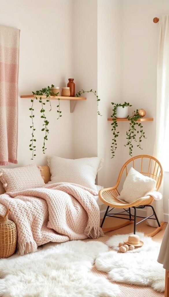 Warm and cozy textured fabrics in soft shades of pink, ivory, and oatmeal adorn a Scandinavian-inspired kid's bedroom. Plush sheepskin rugs, chunky knit throws, and plump cushions create a serene, inviting atmosphere. Delicate trailing plants spill over natural wood shelves and side tables, complementing the earthy palette. Gentle side lighting casts a gentle glow, illuminating the natural textures and hues. In the corner, a rattan rocking chair beckons for cozy reading time. This charming, nature-inspired space evokes a sense of comfort and calm.