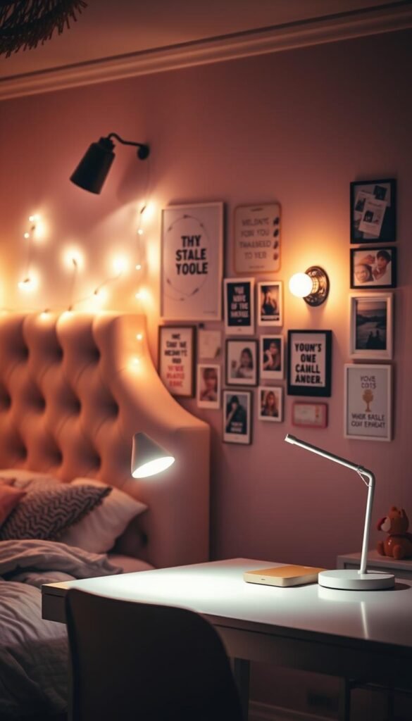 Warm, cozy lighting illuminating a teen girl's bedroom, filled with playful and stylish decor. Soft spotlights cast a gentle glow on a plush, tufted headboard, adorned with string lights that twinkle like stars. In the middle ground, a sleek, minimalist desk with a chic desk lamp, casting a pool of light perfect for late-night studying. In the background, a gallery wall of framed inspirational quotes and polaroid photos, lit by a pair of sconces that create a warm, inviting ambiance. The overall mood is one of youthful creativity and personal expression, with lighting that is both functional and aesthetically pleasing.