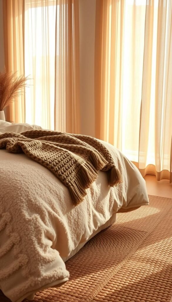 Warm, cozy textiles in a serene bedroom setting. A plush, textured duvet cover in soft beige tones anchors the foreground, complemented by a chunky knitted throw blanket in earthy hues draped casually over the foot of the bed. In the middle ground, a natural fiber rug in muted tones grounds the space, its woven pattern adding visual interest. The background features sheer curtains in a shimmering champagne color, diffusing warm natural light and creating a tranquil, soothing atmosphere. Soft shadows and highlights accentuate the lush, inviting textures, evoking a sense of comfort and relaxation.