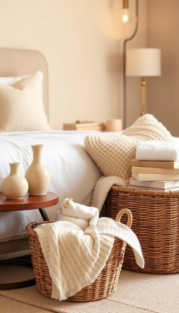 Warm, inviting beige bedroom decor accessories arranged in a cozy, feminine vignette. In the foreground, delicate ceramic vases, a scented candle, and a plush knitted throw pillow sit atop a wooden side table. In the middle ground, a woven basket overflows with fluffy white towels and a stack of beige-toned books. The background features a neutral-toned area rug, soft lighting from a brass table lamp, and a glimpse of a tranquil beige-painted wall. The overall scene evokes a sense of comfort, relaxation, and personal style.