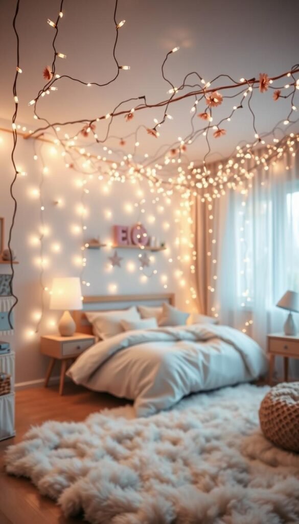 Whimsical fairy lights installation in a cozy, pastel-toned kids' bedroom. Delicate string lights cascading from the ceiling in a soft, twinkling display, casting a magical glow across the room. Strings of lights intertwined with wispy floral garlands, creating a dreamy, enchanted atmosphere. Plush, cloud-like bedding and a fluffy rug in muted hues complement the warm, inviting lighting. Hints of sheer, gauzy curtains and a wooden nightstand with a soft lamp add to the tranquil, soothing ambiance. Captured through a wide-angle lens to showcase the full scene, with a shallow depth of field for a focus on the luminous fairy lights.