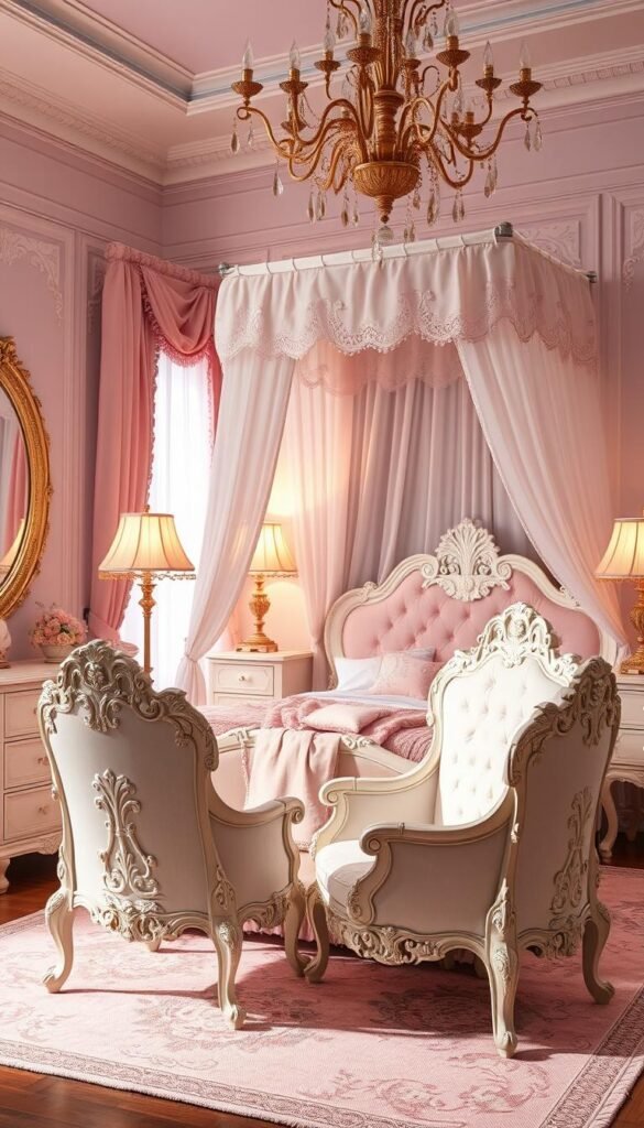 Whimsical princess furniture pieces in a fairytale-inspired bedroom setting. Ornate armchair and vanity table with intricate floral carvings, delicate lace accents, and pastel color palette. A plush canopy bed with cascading sheer curtains in soft pinks and lavenders. Dainty nightstands and a gilded floor lamp casting a warm, dreamy glow. Ornamental mirrors and a detailed chandelier overhead. The space has a serene, enchanting atmosphere with a touch of vintage elegance, inviting the viewer to imagine themselves as a young princess.