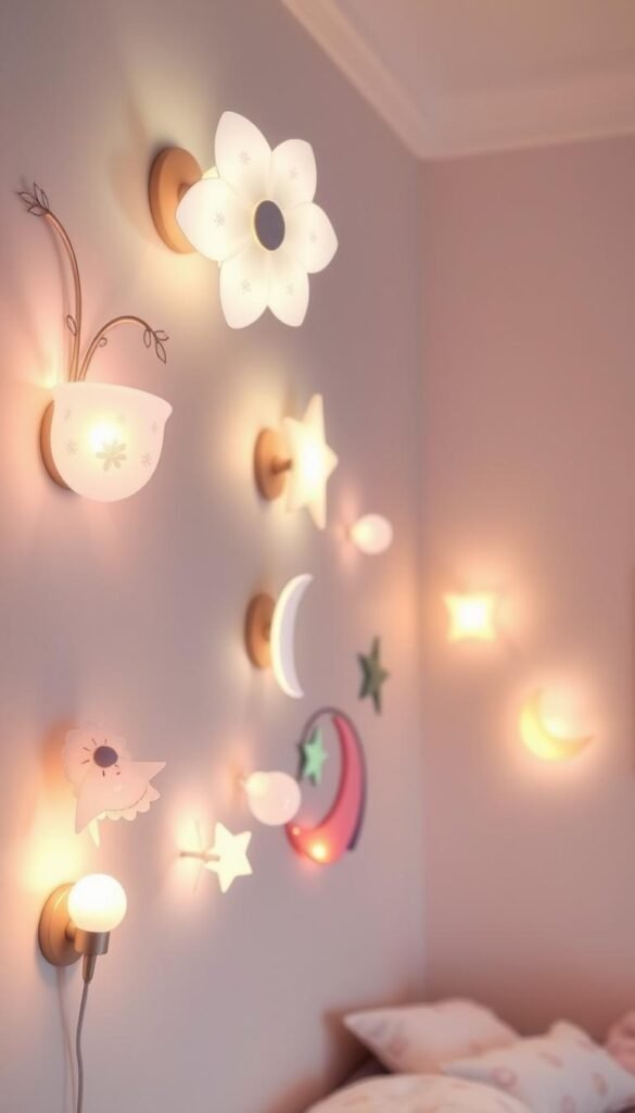 Whimsical wall lights for a girls' bedroom, adorned with enchanting shapes and soft, diffused illumination. In the foreground, delicate floral motifs and celestial silhouettes cast a dreamy glow, complemented by iridescent glass or acrylic shades. The middle ground features a variety of playful, themed light fixtures - perhaps a crescent moon, shooting stars, or fanciful animal shapes - arranged in an engaging, asymmetric layout. The background showcases a pastel-toned, textured wall, offering a serene backdrop that enhances the tranquil, magical ambiance. Soft, warm lighting fills the space, creating a cozy and inviting atmosphere perfect for a child's imagination to flourish.