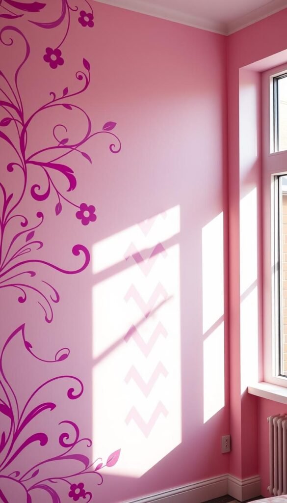 a beautifully designed pink and purple wall, featuring a mix of delicate floral patterns and bold geometric shapes, illuminated by soft, natural lighting from large windows. The foreground showcases intricate, hand-painted swirls and flourishes in shades of magenta and lavender, creating a visually striking and textured surface. The middle ground introduces a repeating diamond motif, with each shape filled in with a gradient of pastel hues that blend seamlessly. In the background, a subtle wallpaper pattern emerges, adding depth and dimension to the composition. The overall effect is a harmonious, feminine, and welcoming atmosphere, perfect for a cozy, girls' bedroom.