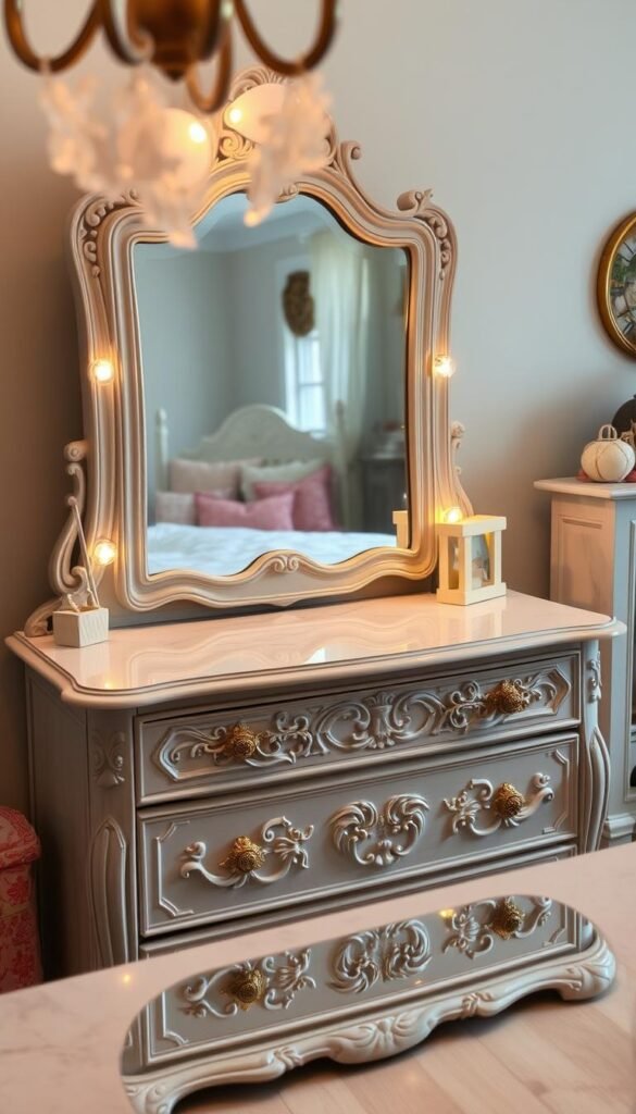 a beautifully lit, detailed close-up view of a DIY dresser vanity transformation, showcasing a vintage wooden dresser with intricate carved details, repurposed into a chic vanity centerpiece for a girl's bedroom. The dresser has been meticulously refinished with a soft, pale grey paint, creating a shabby chic aesthetic. The top has been removed and replaced with a sleek, modern white marble or quartz countertop, seamlessly integrated. Delicate gold or brass hardware accentuates the elegant transformation. In the foreground, the vanity's mirror is surrounded by warm, soft lighting, casting a cozy, inviting glow. The background features a tastefully decorated girl's bedroom, with hints of pastel colors and feminine accents, complementing the refined vanity piece.