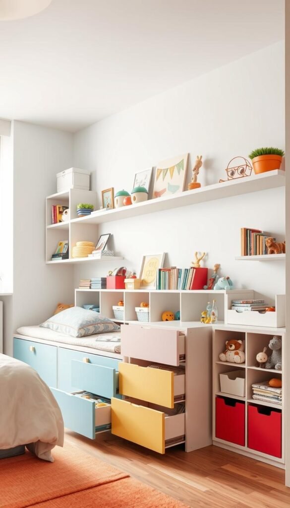 a bright, well-lit children's bedroom with vibrant colors, featuring a modern and organized storage system for toys, books, and other kid-friendly items. The shelves and drawers are arranged in a visually appealing manner, with a mix of open and closed storage solutions to keep the space tidy and accessible. The lighting is soft and natural, creating a warm and inviting atmosphere. The room is decorated with playful, age-appropriate accents and accessories that complement the storage solutions, fostering a sense of creativity and exploration for the young occupant. The camera angle captures the entire room, showcasing the clever and stylish storage designs that seamlessly integrate into the overall design of the space.