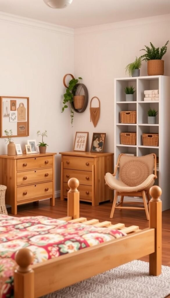a cozy and inviting girl's bedroom featuring budget-friendly furniture ideas, with a warm, soft lighting and a relaxed, comfortable atmosphere. In the foreground, a simple yet stylish wooden bed frame with colorful patterned bedding. In the middle ground, a small wooden dresser with minimalist decor accents and a comfortable reading chair. In the background, a simple white bookshelf with decorative baskets and plants, creating a serene and organized space. The overall tone is natural, earthy, and soothing, with a mix of modern and vintage elements.