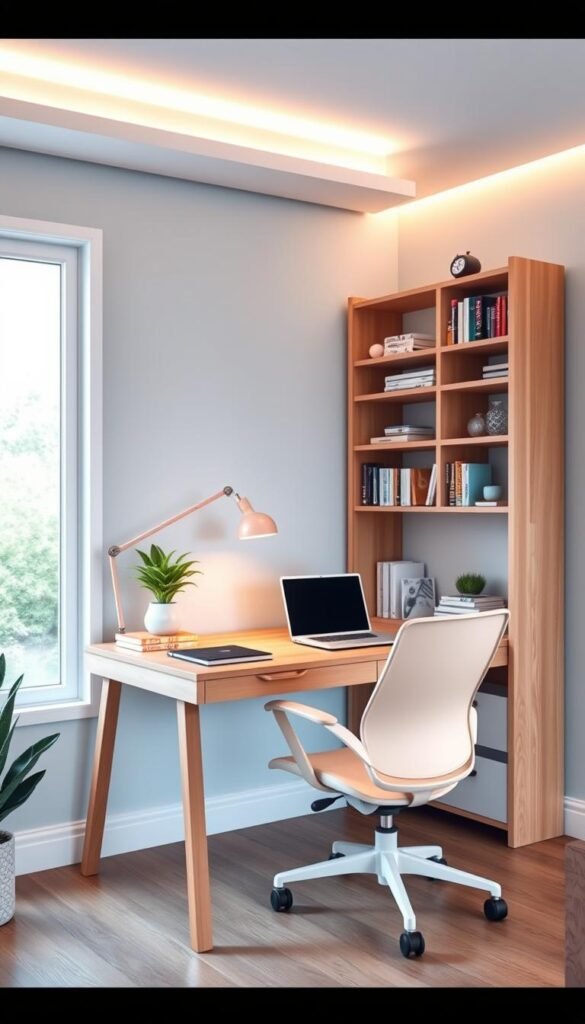 a cozy and inviting study zone desk setup, featuring a sleek wooden desk with a minimalist design, a comfortable ergonomic chair in a soft pastel hue, and a tall bookshelf filled with inspiring books and decor accents. The desktop is neatly organized with a modern laptop, a desk lamp providing warm lighting, and a small potted plant adding a touch of nature. The walls are painted in a calming, pale blue tone, and a large window allows natural light to flood the space, creating a serene and productive atmosphere. The overall scene evokes a sense of focus, creativity, and personal expression, perfectly capturing the essence of a dedicated study zone.