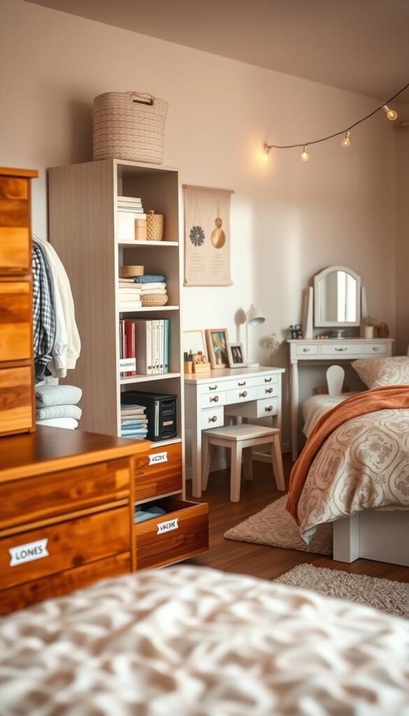 a cozy and organized girls' bedroom with designated storage solutions for various items. the foreground features a wooden dresser with drawers labeled for socks, shirts, and other clothing. a sleek bookshelf stands nearby, with shelves designated for books, decor, and trinkets. the middle ground showcases a vanity table with a mirror, makeup, and jewelry storage compartments. the background reveals a plush bed with patterned bedding and throw pillows, complemented by string lights above. the overall scene exudes a warm, feminine, and well-organized atmosphere, captured with soft, natural lighting and a shallow depth of field.