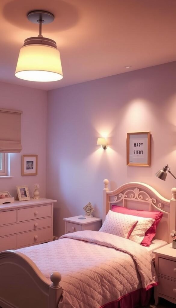 a cozy and well-lit girls bedroom, with soft, warm lighting fixtures installed at safe heights to illuminate the space. the room features a child-sized bed, nightstand, and dresser, all arranged in a harmonious layout. the lighting includes a central overhead fixture, as well as sconces or wall lamps positioned at eye level for optimal illumination. the lighting is designed to create a calming, inviting atmosphere while prioritizing safety considerations for young occupants. the overall mood is one of comfort, security, and age-appropriate style.