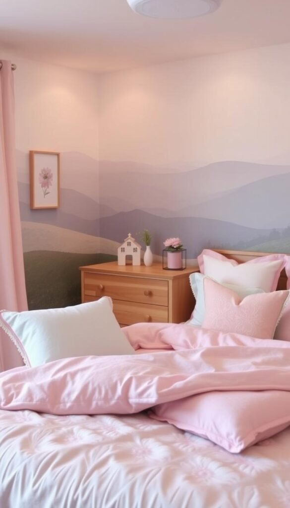 a cozy, inviting girls bedroom with a tasteful color palette of soft pastel hues. the foreground features a display of coordinated bedding, pillows, and textiles in shades of pink, lavender, and mint. the middle ground showcases a minimalist wooden dresser and nightstand with delicate floral accents. the background depicts a serene landscape mural in muted blues and greens, creating a tranquil, nature-inspired ambiance. the lighting is warm and gentle, casting a soothing glow throughout the space. the overall mood is calming, feminine, and conducive to relaxation and creativity.