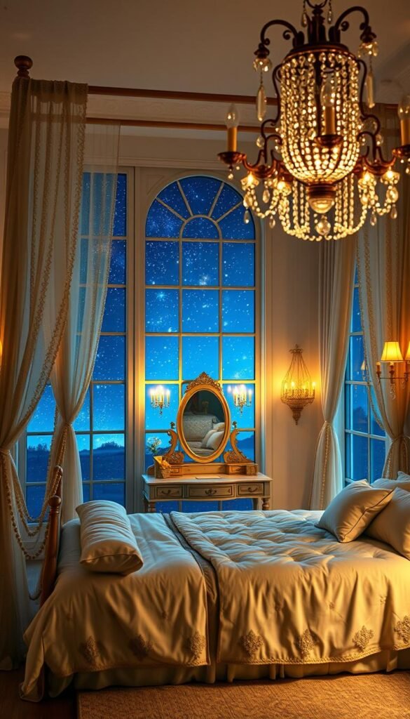 a cozy princess-themed bedroom with warm, soft lighting illuminating the space. The foreground features a large, ornate canopy bed with plush bedding and pillows, surrounded by delicate lace curtains. The middle ground showcases an elegant vanity with a gilded mirror and dazzling jewelry displays. The background reveals a dreamy, starry night sky visible through large windows, casting a magical glow throughout the room. The lighting is a mix of ambient sconces, fairy lights, and a mesmerizing crystal chandelier, creating a serene, enchanting ambiance perfect for a princess's slumber.