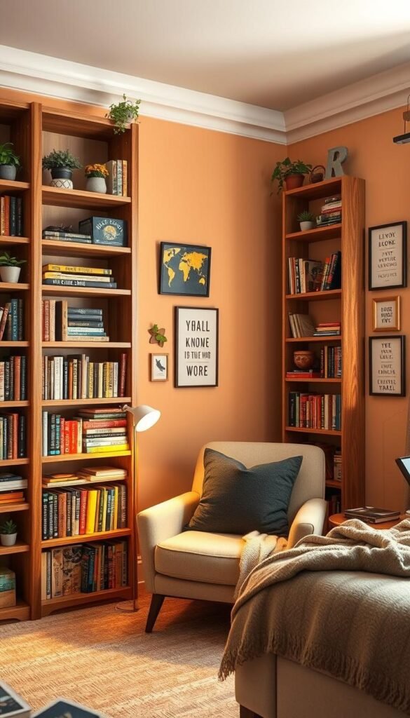 a cozy, well-lit bedroom with soft, warm lighting and inviting textures. In the foreground, a large, wooden bookshelf filled with colorful books and decorative elements, such as plants, trinkets, and personal mementos. The bookshelf has unique, creative storage solutions, including floating shelves, built-in compartments, and repurposed vintage items. In the middle ground, a comfortable reading chair with plush cushions and a cozy throw blanket, positioned next to a small side table with a reading lamp. The background features a warm, pastel-colored wall with framed artwork and inspirational prints, creating a serene and inviting atmosphere for a young reader's personal reading nook.