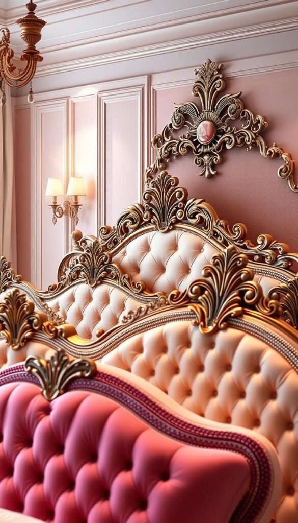 a detailed, high-quality, hyper-realistic, and highly detailed image of statement headboard designs for a girls bedroom in 2025, showcasing a variety of ornate, luxurious, and fashionable headboard styles in the foreground, with an elegant and feminine bedroom interior in the middle ground and a soft, warm, and inviting lighting environment in the background, capturing the essence of modern and trendy furniture design for the best girls bedrooms of the future