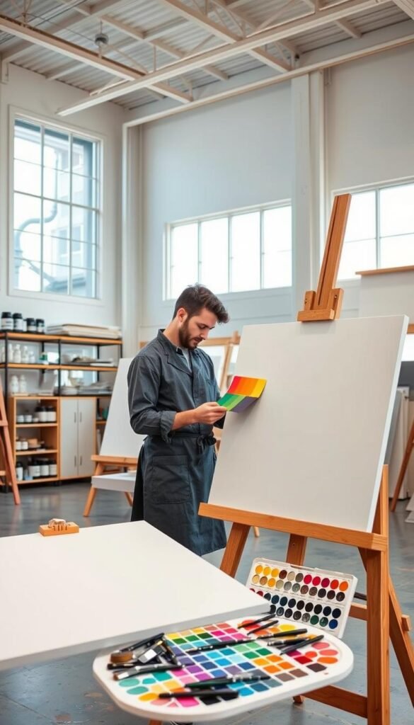 a large, brightly lit studio with a tall ceiling and large windows flooding the space with natural light. in the foreground, a wooden easel holds a blank canvas, next to it a palette of vibrant acrylic paints and an array of brushes in various sizes. in the middle ground, a person in a smock is carefully examining a color swatch, their face concentrated as they consider the perfect shade for their painting. in the background, shelves line the walls, filled with jars of paint, rolls of canvas, and other artist's supplies. the atmosphere is one of creative focus and anticipation, as the painter prepares to bring their vision to life on the canvas.