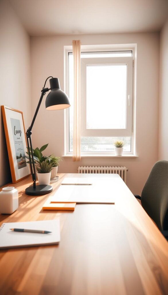 a well-lit study workspace with a wooden desk, a modern task lamp providing adjustable illumination, and a large window allowing natural light to stream in, creating a warm and inviting atmosphere for focused work; the desk is adorned with minimal yet stylish decor, including a potted plant and a framed artwork; the room is painted in a soft, neutral color palette, enhancing the sense of calm and productivity; the camera angle captures the workspace from a slightly elevated perspective, showcasing the harmonious balance of form and function. a well-lit study workspace with a wooden desk, a modern task lamp providing adjustable illumination, and a large window allowing natural light to stream in, creating a warm and inviting atmosphere for focused work; the desk is adorned with minimal yet stylish decor, including a potted plant and a framed artwork; the room is painted in a soft, neutral color palette, enhancing the sense of calm and productivity; the camera angle captures the workspace from a slightly elevated perspective, showcasing the harmonious balance of form and function.