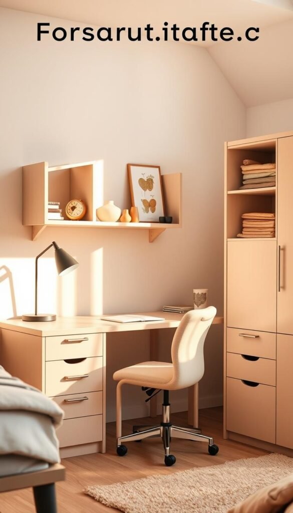 functional furniture for teen rooms, featuring a stylish and practical desk with built-in shelving, a comfortable upholstered chair, and a sleek storage unit with ample drawer space. The scene is bathed in warm, natural lighting, captured from a slightly elevated angle to showcase the clean, minimalist design. The furniture is arranged in a way that maximizes the room's available space, creating a harmonious and productive environment for a teenage girl to study, work on creative projects, and relax. The overall aesthetic blends modern elements with touches of youthful personality, reflecting the evolving needs and preferences of the target audience.