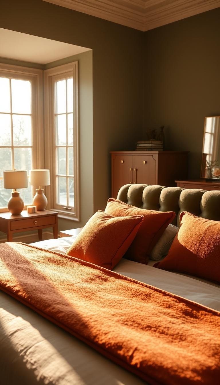 green and terracotta bedroom