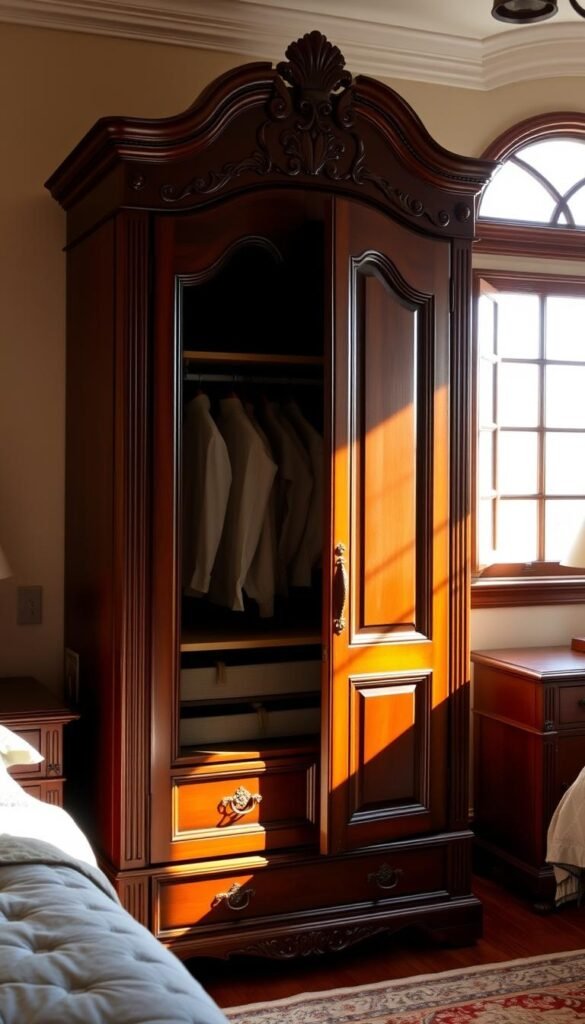 A beautiful wooden wardrobe with intricate carved details stands prominently in a warm, cozy bedroom. The wardrobe's rich mahogany finish reflects the soft, diffused light from a large window, casting a gentle glow across the room. The wardrobe's double doors open to reveal ample storage space, with adjustable shelves and hangers that allow for versatile organization. The wardrobe is flanked by bedside tables, creating a harmonious and timeless bedroom ensemble. The overall scene conveys a sense of refined elegance, where the wooden wardrobe serves as a functional and visually striking focal point. A beautiful wooden wardrobe with intricate carved details stands prominently in a warm, cozy bedroom. The wardrobe's rich mahogany finish reflects the soft, diffused light from a large window, casting a gentle glow across the room. The wardrobe's double doors open to reveal ample storage space, with adjustable shelves and hangers that allow for versatile organization. The wardrobe is flanked by bedside tables, creating a harmonious and timeless bedroom ensemble. The overall scene conveys a sense of refined elegance, where the wooden wardrobe serves as a functional and visually striking focal point.