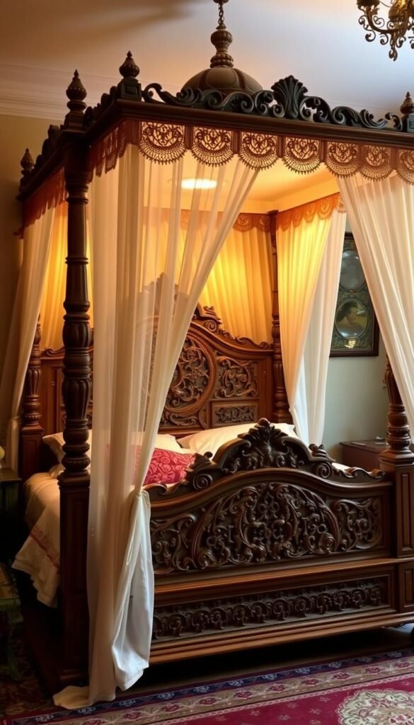 A beautifully crafted Chinioti bed set, its intricate hand-carved details illuminated by warm, soft lighting. The headboard features intricate floral motifs, while the footboard showcases delicate lattice work. Ornate wooden posts support a canopy draped with sheer, flowing fabric, creating a serene, dreamy atmosphere. The bed is positioned in a cozy, traditional bedroom setting, surrounded by richly textured fabrics and antique accessories that celebrate the artistry and cultural heritage of Pakistani craftsmanship. A beautifully crafted Chinioti bed set, its intricate hand-carved details illuminated by warm, soft lighting. The headboard features intricate floral motifs, while the footboard showcases delicate lattice work. Ornate wooden posts support a canopy draped with sheer, flowing fabric, creating a serene, dreamy atmosphere. The bed is positioned in a cozy, traditional bedroom setting, surrounded by richly textured fabrics and antique accessories that celebrate the artistry and cultural heritage of Pakistani craftsmanship.