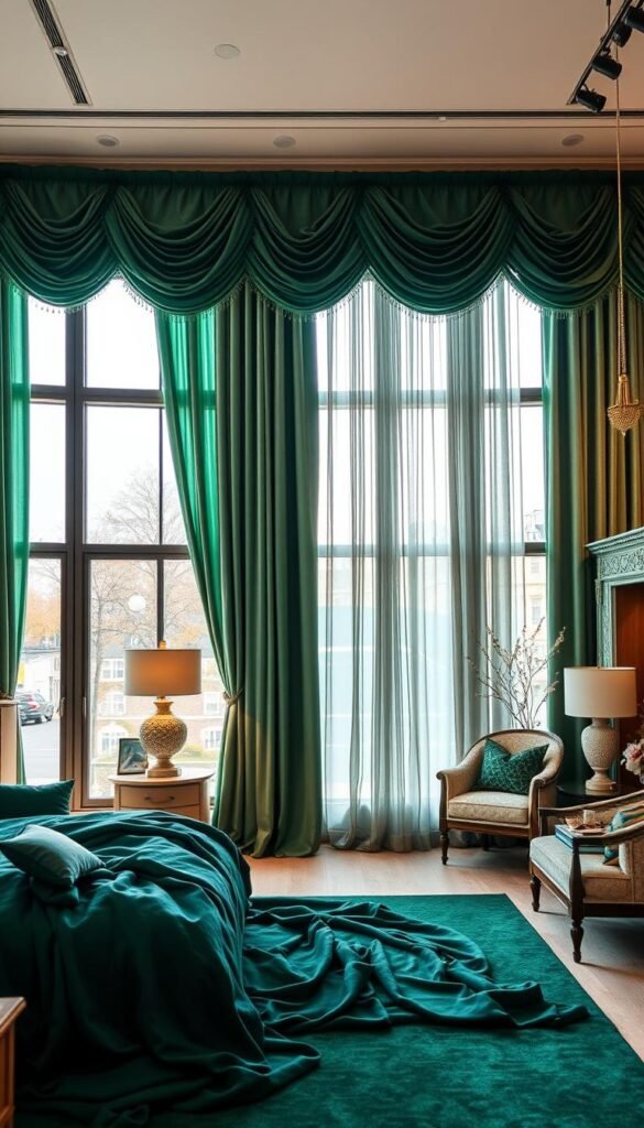 A beautifully lit showroom with floor-to-ceiling windows, showcasing a luxurious collection of emerald green curtains and drapes. The fabrics are meticulously displayed, their rich hues and elegant textures accentuated by soft, warm lighting. Tasteful displays and product vignettes create a serene, high-end atmosphere, inviting customers to imagine the curtains adorning their own bedrooms. The space is clean, minimalist, and exudes a sense of quality craftsmanship and attention to detail. A knowledgeable sales associate is positioned discreetly, ready to assist customers in finding the perfect emerald green curtains to elevate their bedroom's decor. A beautifully lit showroom with floor-to-ceiling windows, showcasing a luxurious collection of emerald green curtains and drapes. The fabrics are meticulously displayed, their rich hues and elegant textures accentuated by soft, warm lighting. Tasteful displays and product vignettes create a serene, high-end atmosphere, inviting customers to imagine the curtains adorning their own bedrooms. The space is clean, minimalist, and exudes a sense of quality craftsmanship and attention to detail. A knowledgeable sales associate is positioned discreetly, ready to assist customers in finding the perfect emerald green curtains to elevate their bedroom's decor.
