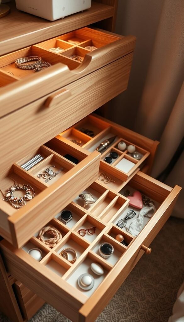 A beautifully organized girl's bedroom drawer system with intricate compartments and dividers. Sleek wooden drawers in a warm, natural finish, neatly arranged in a visually appealing layout. Soft, even lighting illuminates the meticulously organized interior, showcasing compartments for jewelry, accessories, and small personal items. The overall aesthetic is calming and sophisticated, with a touch of whimsical charm that complements the girl's bedroom decor. The scene is captured from a slightly elevated angle, allowing for a clear, unobstructed view of the thoughtfully designed storage solution.